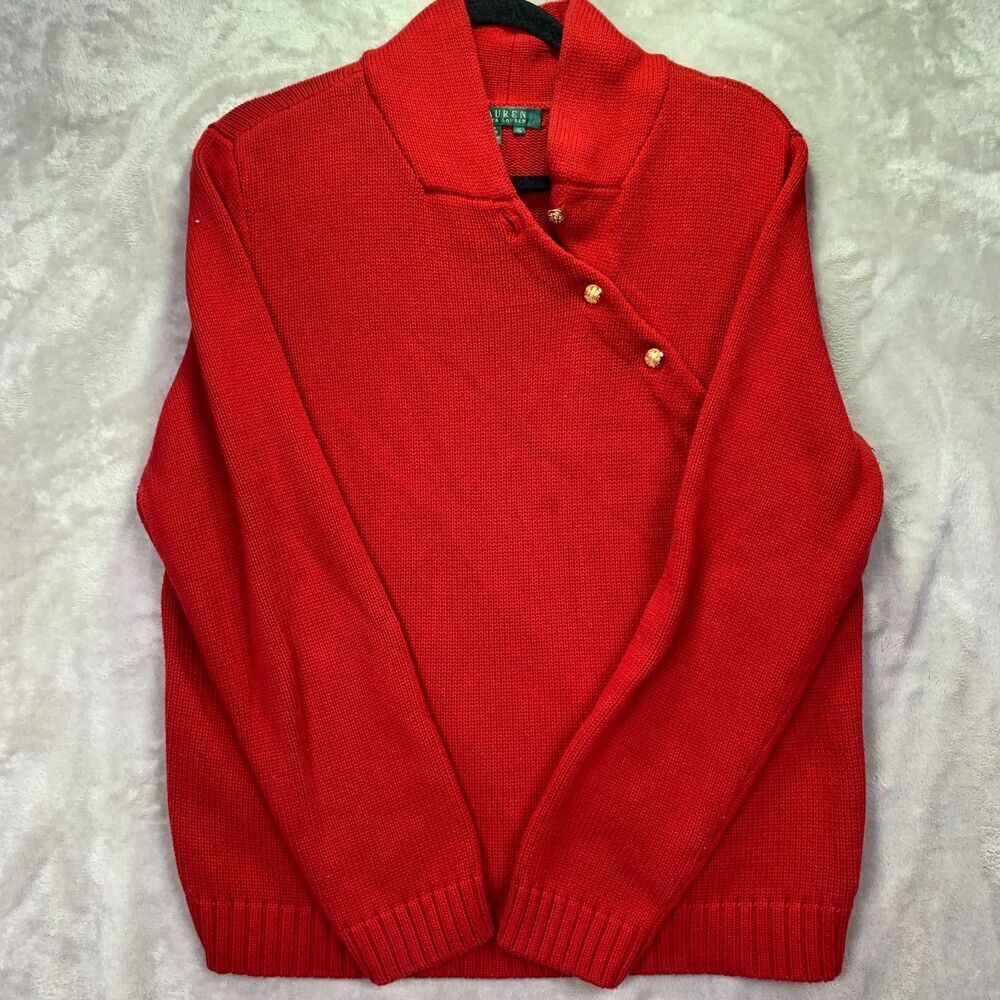 LAUREN RALPH LAUREN WOMEN'S XL ASYMMETRICAL WRAP CARDIGAN SWEATER RED GOLD VTG